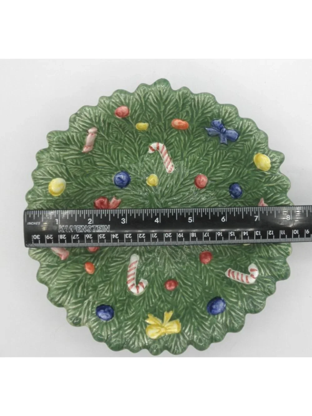 Vintage RCPC Majolica Christmas Overlapping Pine Needles Candy Bowl 8-1/4 Inches